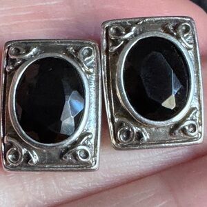 Vintage Sterling Silver 925 and Black Faceted Stone Pierced Earrings Gift Ready